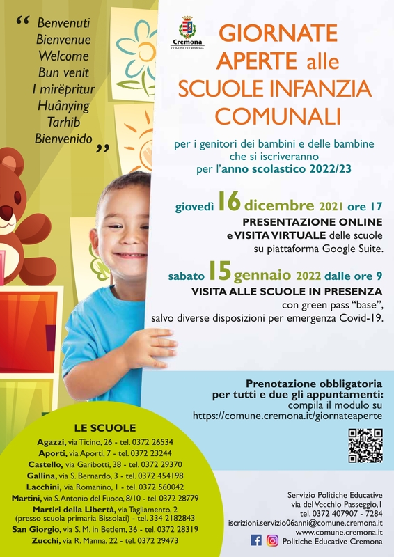 Open day scuole d'infanzia comunali: a dicembre on line, a gennaio in presenza