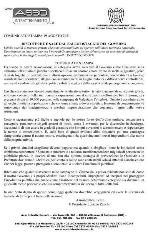 Asso Intrattenimento durissima:"Noi controllati e multati, per giorni nessun intervento al rave di Viterbo"