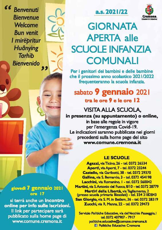 Dal 4 al 25 gennaio iscrizioni aperte alle scuole d'infanzia comunali: il 7 e il 9 gennaio open day on line