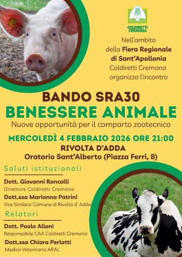 Coldiretti Cremona:"Benessere animale al centro del convegno proposto stasera a Rivolta d'Adda"