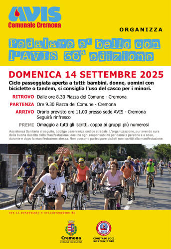 "Pedalare è bello con l'Avis": domenica 14 settembre pedalata non competitiva per tutti con l'Avis