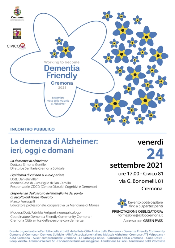 Venerdì 24 settembre incontro al Civico 81:"La demenza di Alzheimer: ieri, oggi e domani"