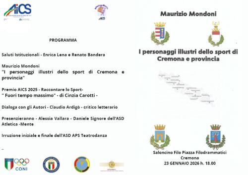 "Fuori tempo massimo" di Cinzia Carotti, "I personaggi illustri dello sport di Cremona e provincia" di Maurizio Mondoni. Venerdì 23 gennaio 2026, alle ore 18:00 al Filo.