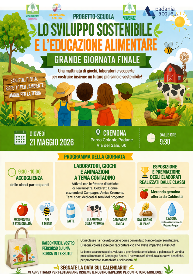Coldiretti Cremona, giovedì 21 maggio gran finale per il progetto didattico: alle Colonie Padana 2500 alunni per le premiazioni