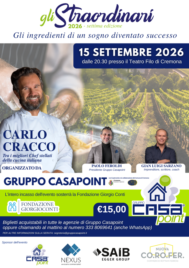 Il 15 settembre Carlo Cracco a Cremona: riceverà il premio "Gli straordinari" Casapoint